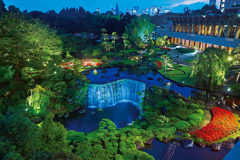 ライトアップされた日本庭園の写真